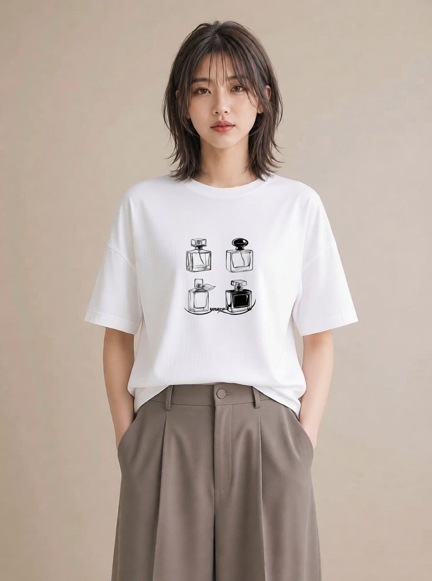 Tシャツ レディース 香水 香水瓶 パフューム イラスト レトロ 送別ギフト 通勤 白T YMAZO