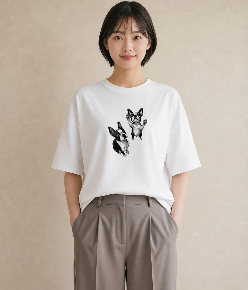 半袖Tシャツ レディース ボストンテリア 犬 いぬ イラスト ヴィンテージ風 秋コーデ おしゃれギフト 白T YMAZO