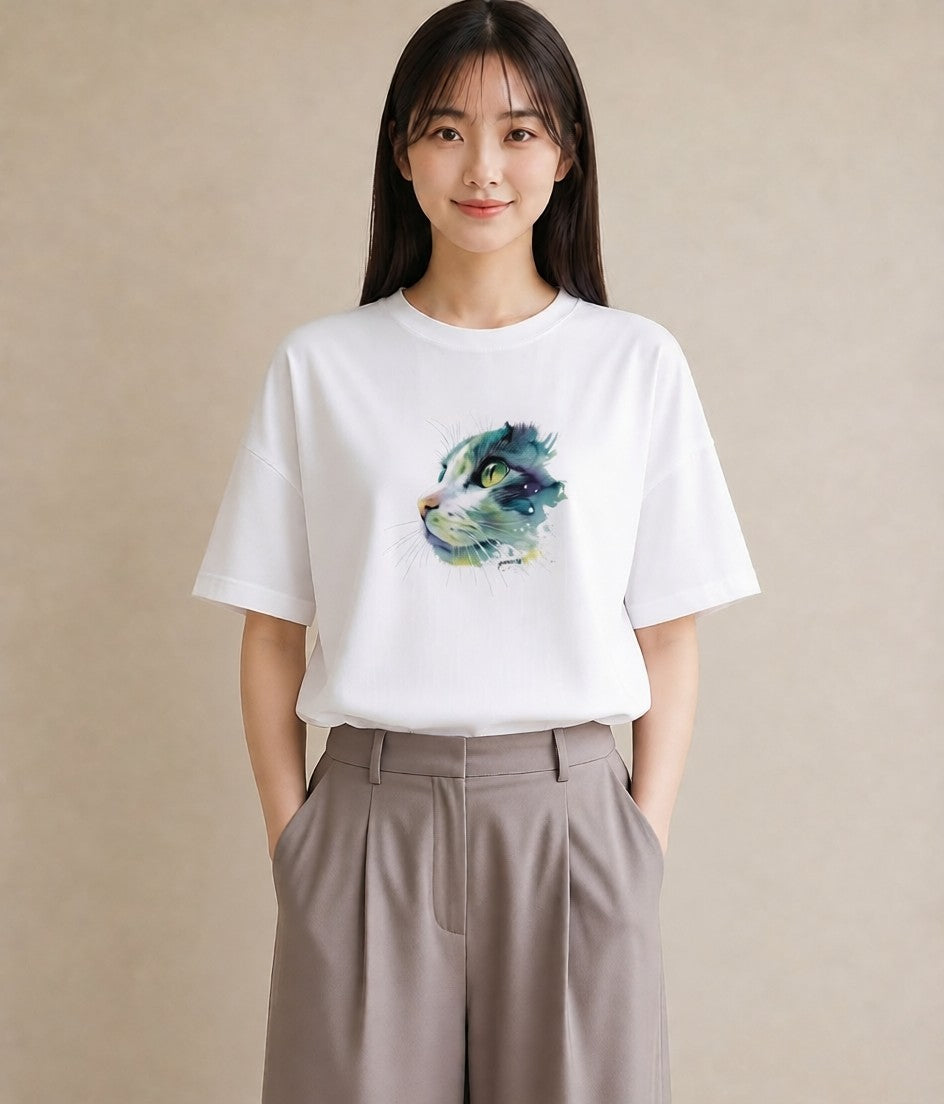 デザインTシャツ レディース ぶち猫 猫 ねこ イラスト ラフ 親子 20代 白T YMAZO