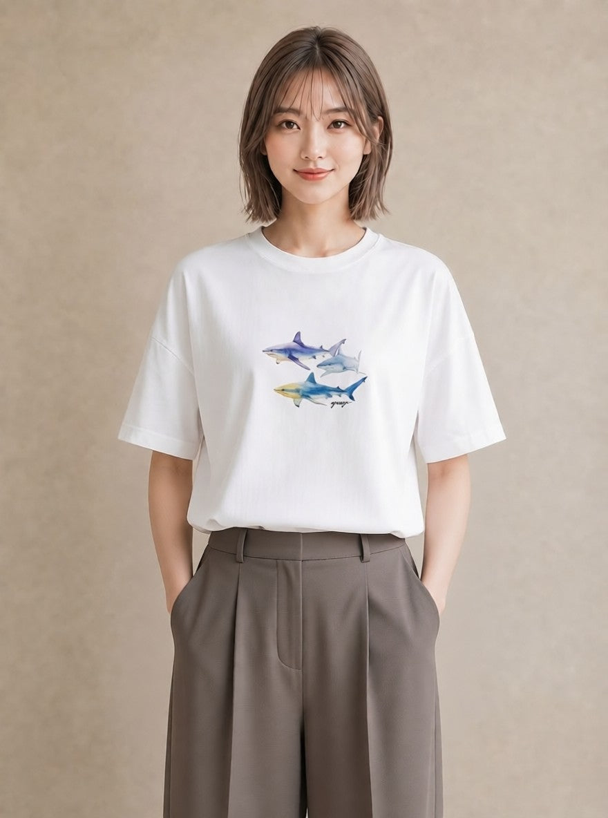 Tシャツ レディース ジンベエザメ 海の生き物 海 イラスト ユニーク 公園 ママ 白T YMAZO