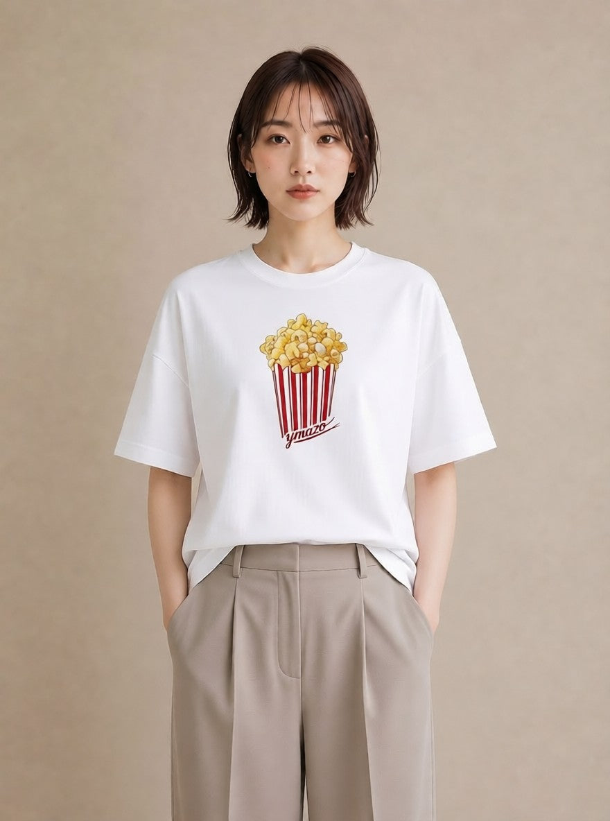 Tシャツ レディース ポップコーン 食べ物 フード イラスト 抜け感 ギフト 母の日 白T YMAZO