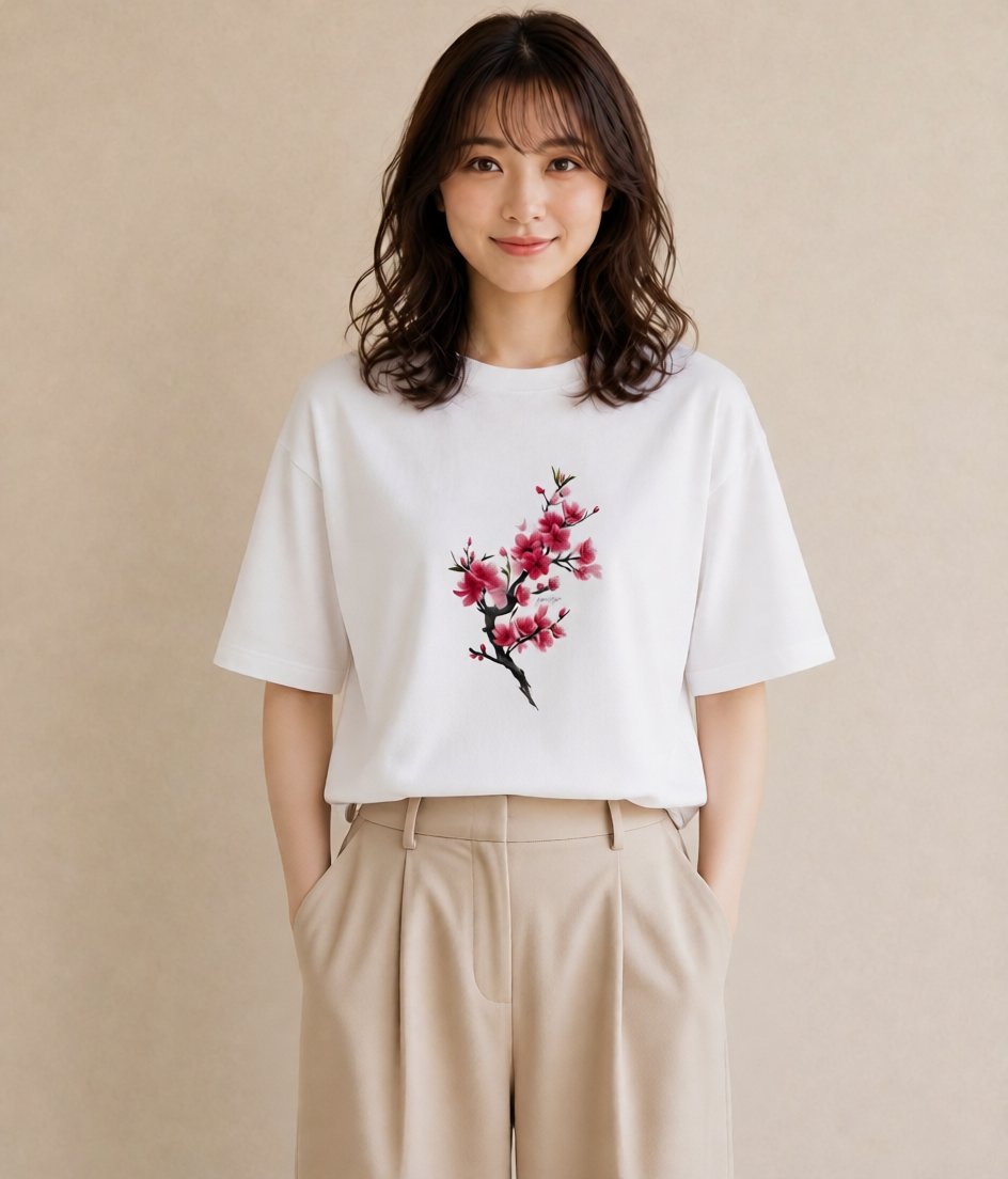 半袖Tシャツ レディース 梅 花 花柄 イラスト 週末コーデ 敬老の日 白T YMAZO
