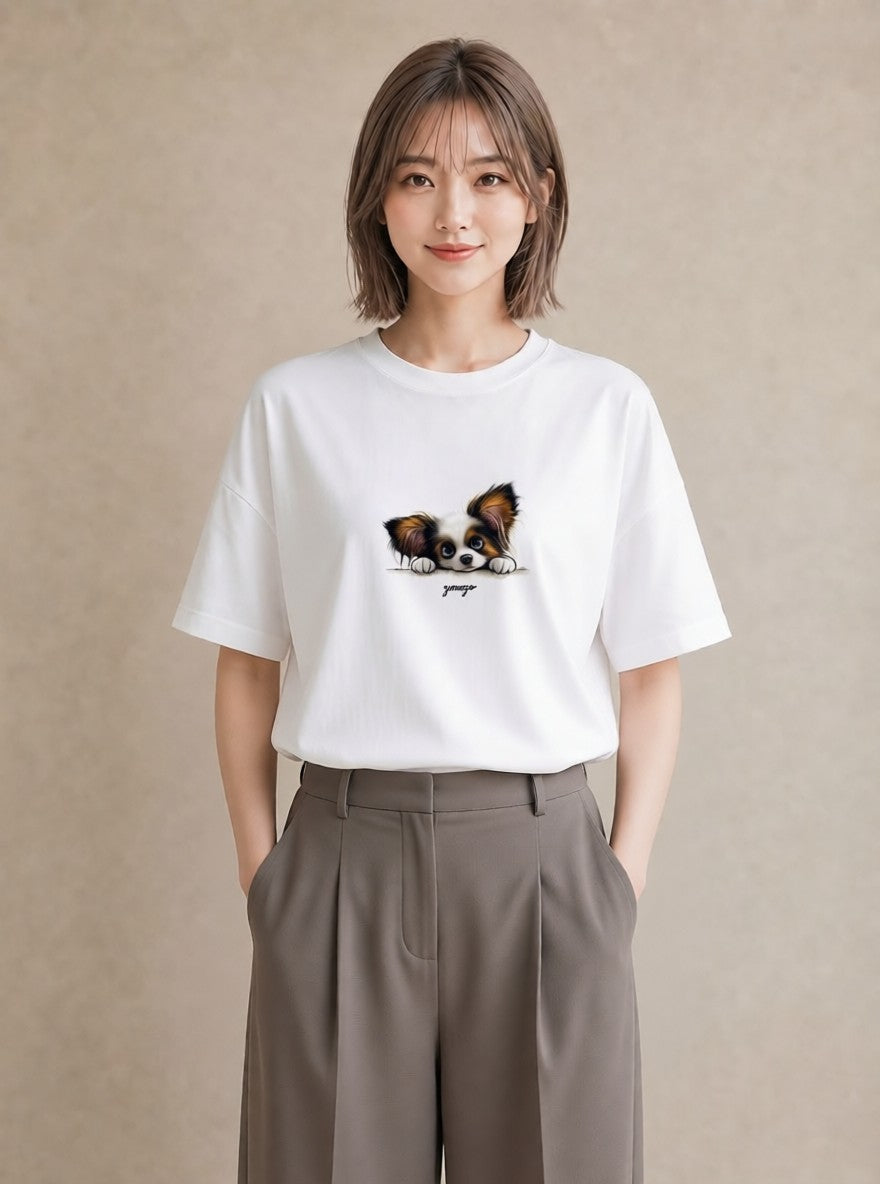デザインTシャツ レディース パピヨン 犬 いぬ イラスト 線画 ホワイトデー 春服 白T YMAZO