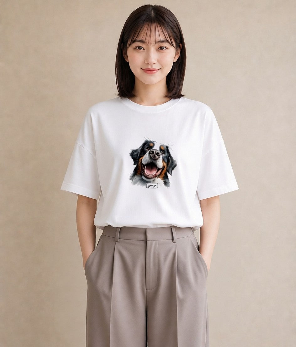 デザインTシャツ レディース バーニーズマウンテンドッグ 犬 いぬ イラスト レトロ ラフ レイヤード 白T YMAZO