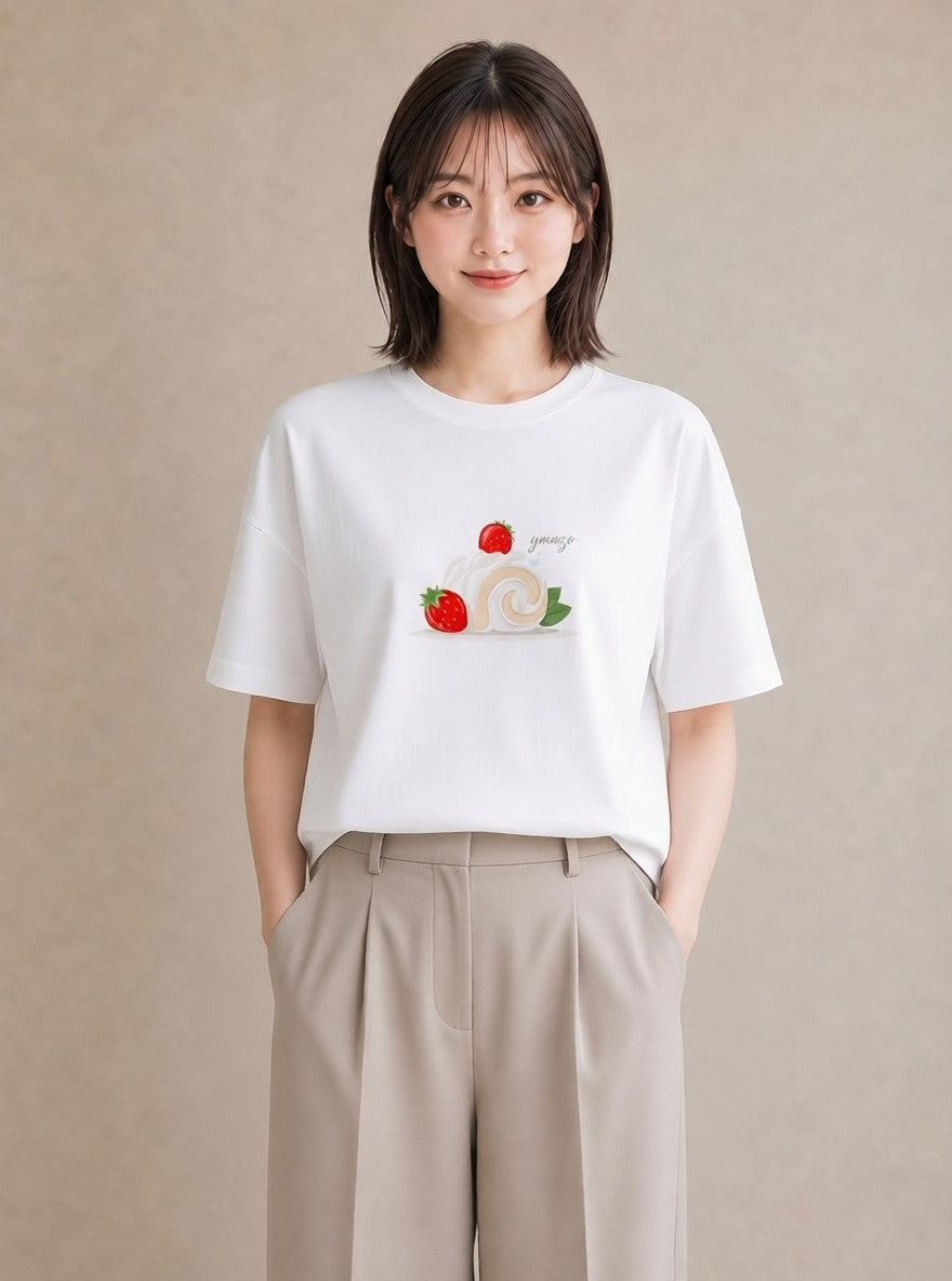 Tシャツ レディース ショートケーキ 食べ物 フード イラスト ユニーク デート 帰省 白T YMAZO