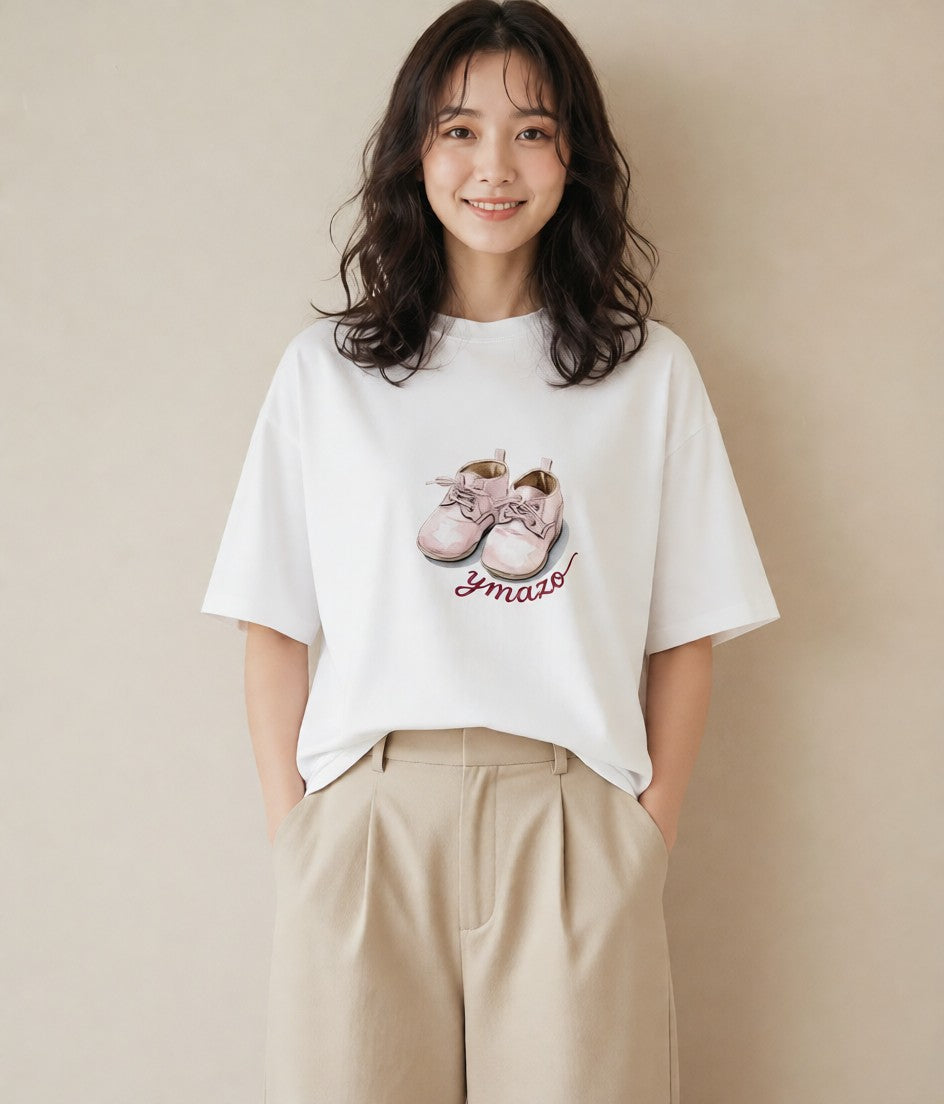 プリントTシャツ レディース バレエシューズ バレエ トウシューズ ナチュラル アンティーク イラスト ゆるコーデ 帰省 ラフ 白T YMAZO