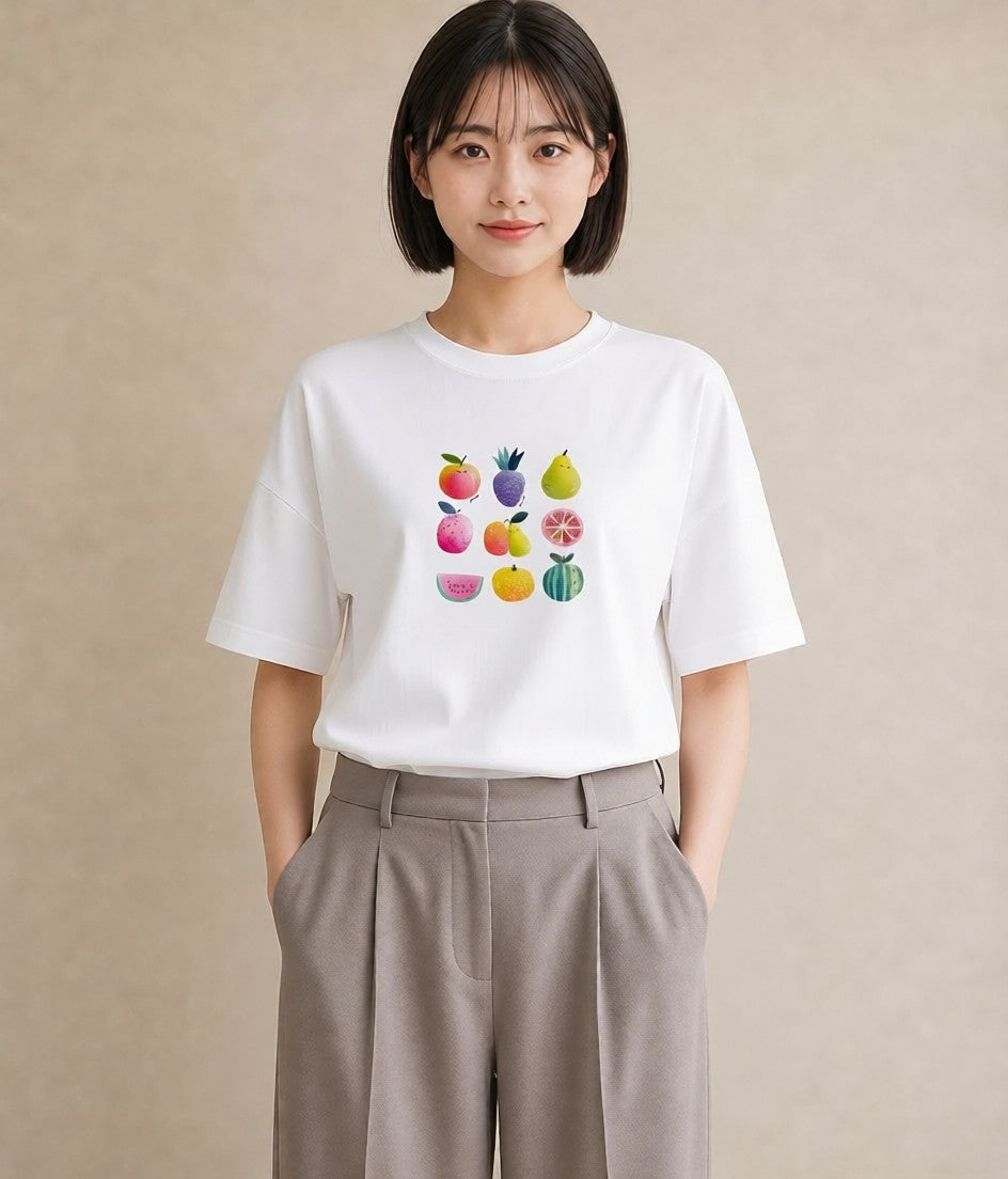 デザインTシャツ レディース メロン 食べ物 フード イラスト 淡色 デイリーウェア 休日 白T YMAZO