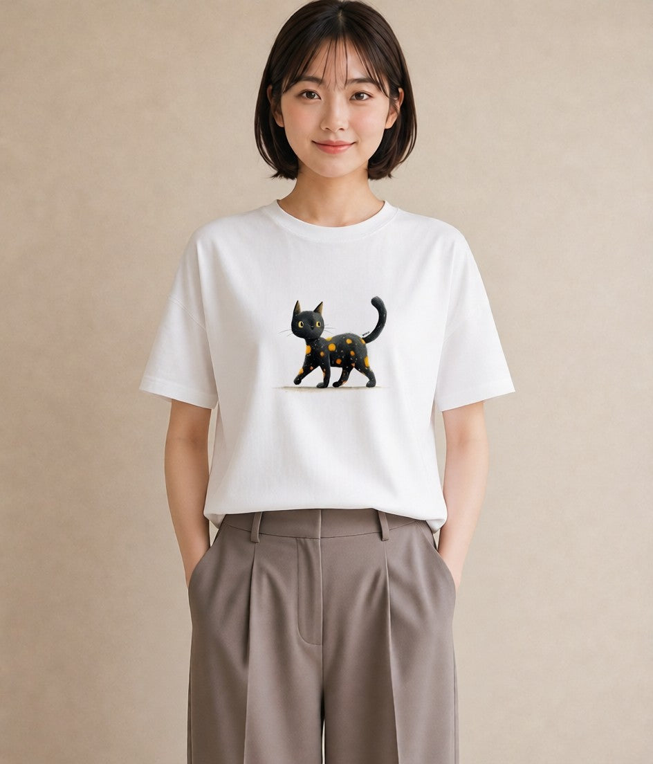 グラフィックTシャツ レディース 黒猫 猫 ねこ イラスト 送別ギフト 通勤 白T YMAZO