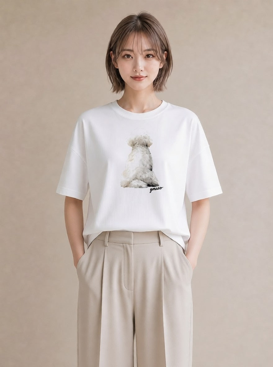 Tシャツ レディース ビションフリーゼ 犬 いぬ イラスト 上品 ラフ レイヤード 白T YMAZO