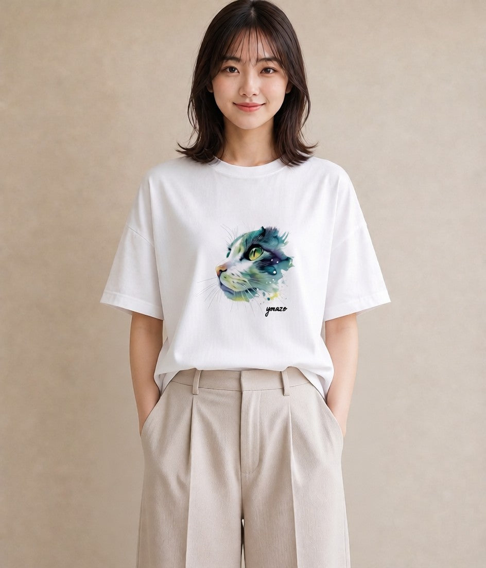 Tシャツ レディース ブリティッシュショートヘア 猫 ねこ イラスト 上品 社会人 女性 白T YMAZO