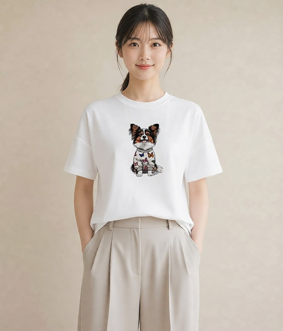 グラフィックTシャツ レディース パピヨン 犬 いぬ イラスト カジュアル 散歩 お出かけ 白T YMAZO