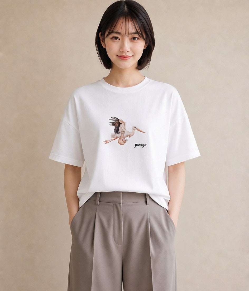 プリントTシャツ レディース 折り鶴 折り紙 ナチュラル アンティーク イラスト フェミニン ラフ レイヤード 白T YMAZO