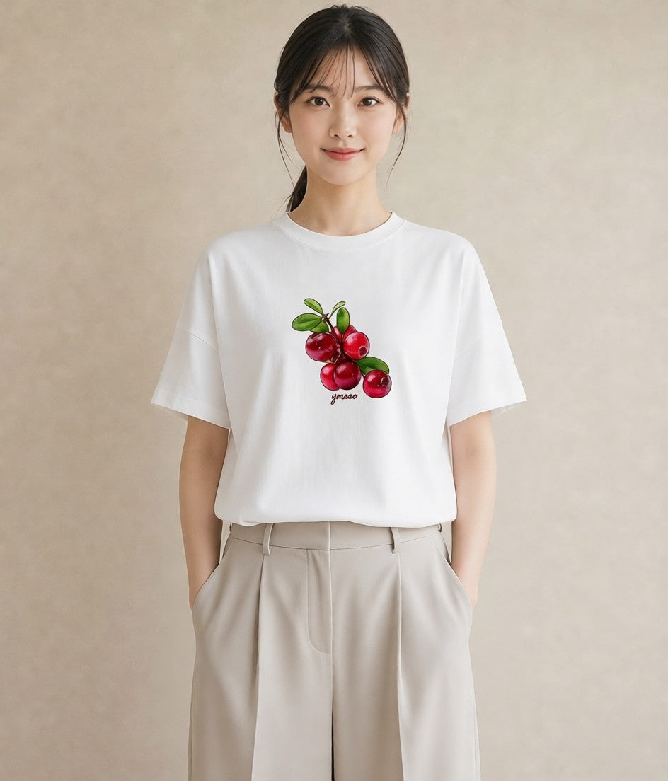 Tシャツ レディース さくらんぼ チェリー 食べ物 フード イラスト 抜け感 女性 旅行用 白T YMAZO