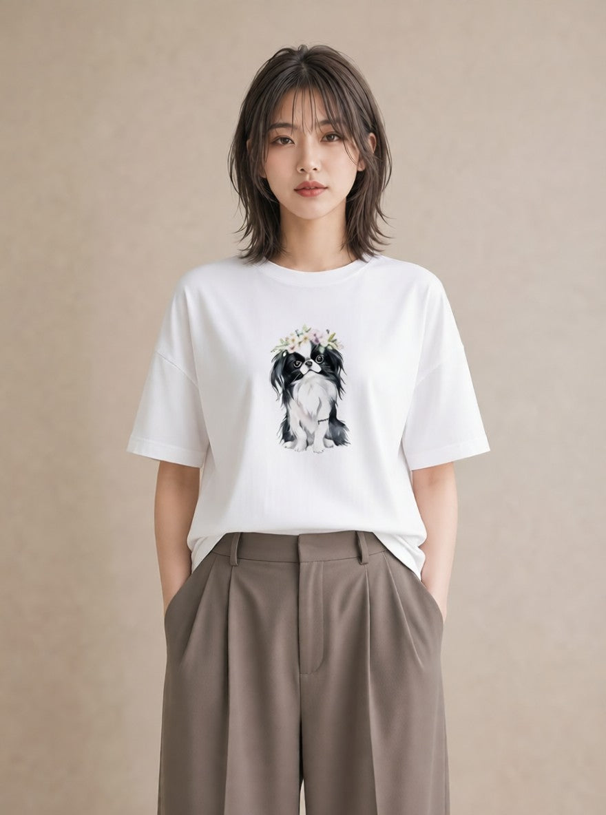 半袖Tシャツ レディース 狆 犬 いぬ イラスト フェミニン 春服 ミセス 白T YMAZO