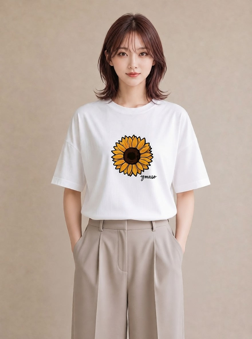 半袖Tシャツ レディース ひまわり 向日葵 花 花柄 イラスト ナチュラル 送別ギフト 通勤 白T YMAZO
