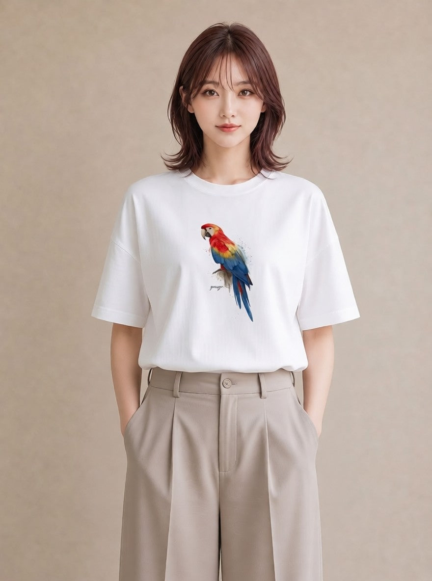 半袖Tシャツ レディース インコ ペット 動物 イラスト アート風 女性向けギフト 散歩 白T YMAZO