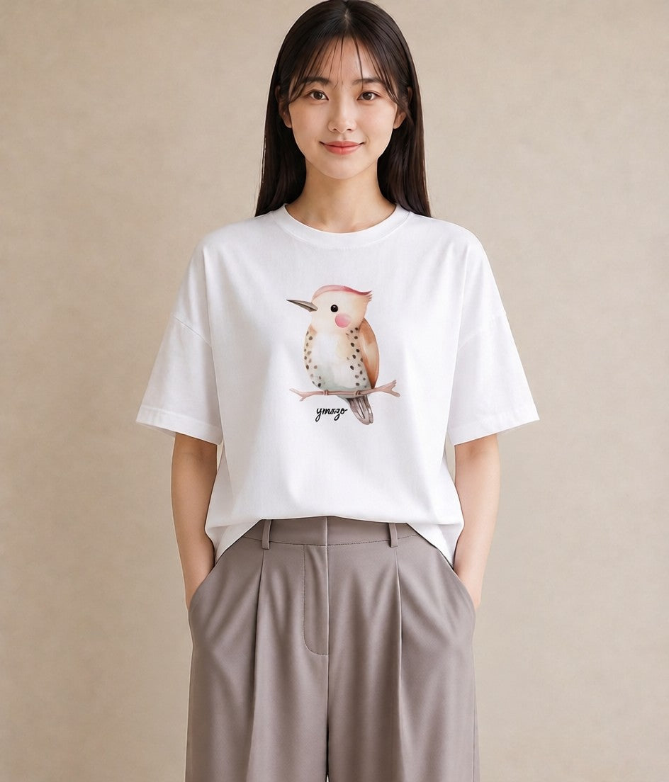 半袖Tシャツ レディース インコ ペット 動物 イラスト 抜け感 ミセス 春コーデ 白T YMAZO