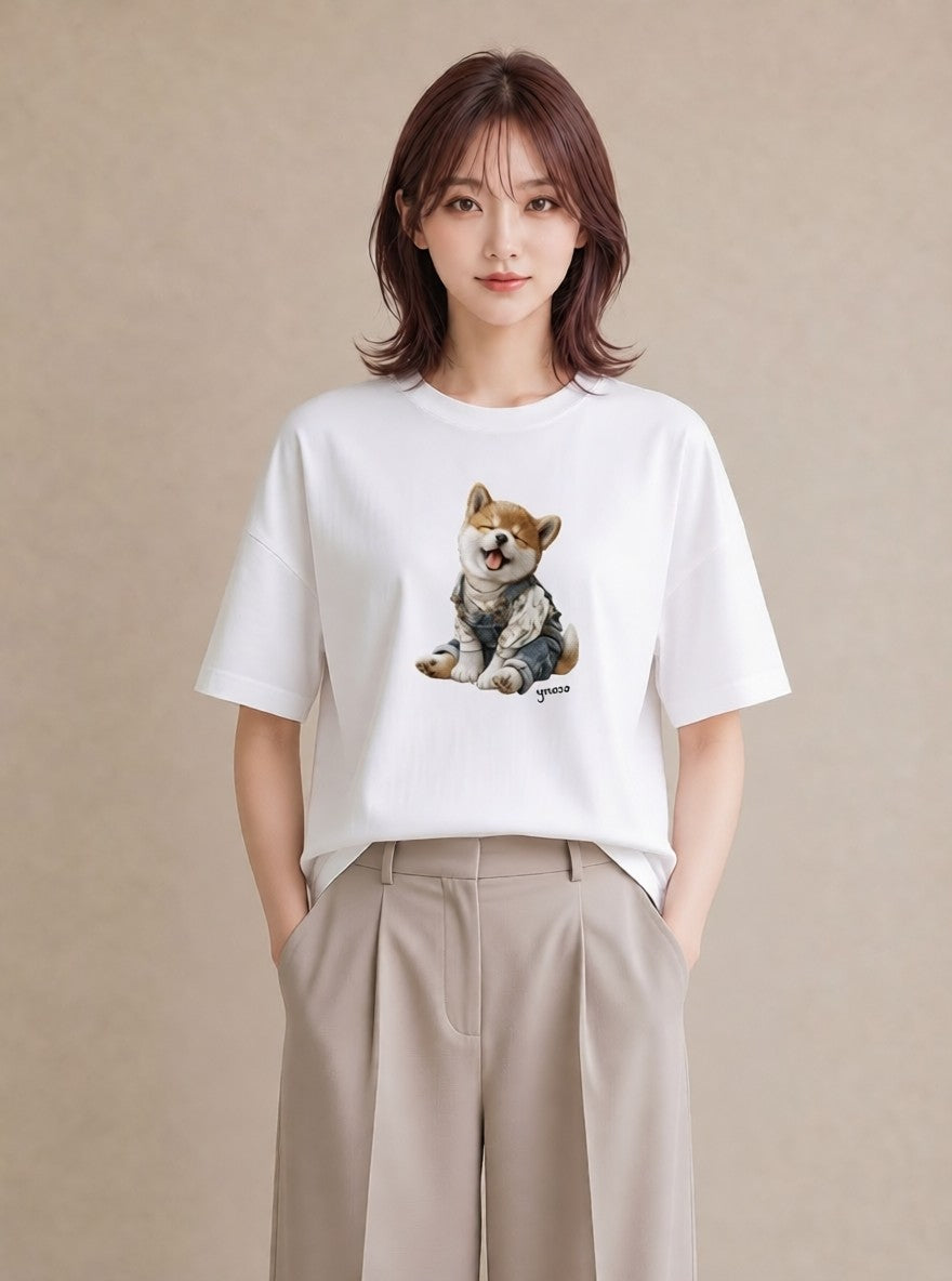 デザインTシャツ レディース 柴犬 しばいぬ 犬 いぬ イラスト ボタニカル カフェ巡り 女子会 白T YMAZO