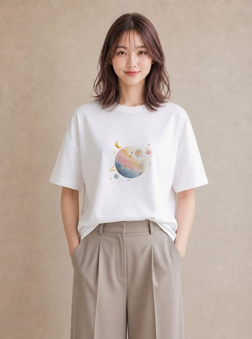 Tシャツ レディース 流れ星 星空 宇宙 イラスト アート風 社会人 女性 白T YMAZO