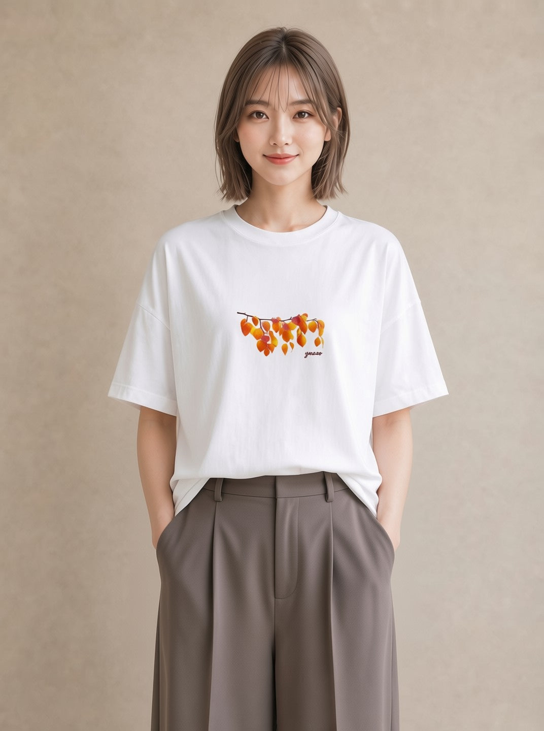 プリントTシャツ レディース 落ち葉 植物 ボタニカル イラスト 普段使い 母娘コーデ 自分用 白T YMAZO