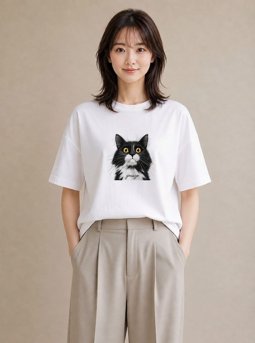 プリントTシャツ レディース 靴下猫 猫 ねこ イラスト こなれ感 旅行用 海 白T YMAZO