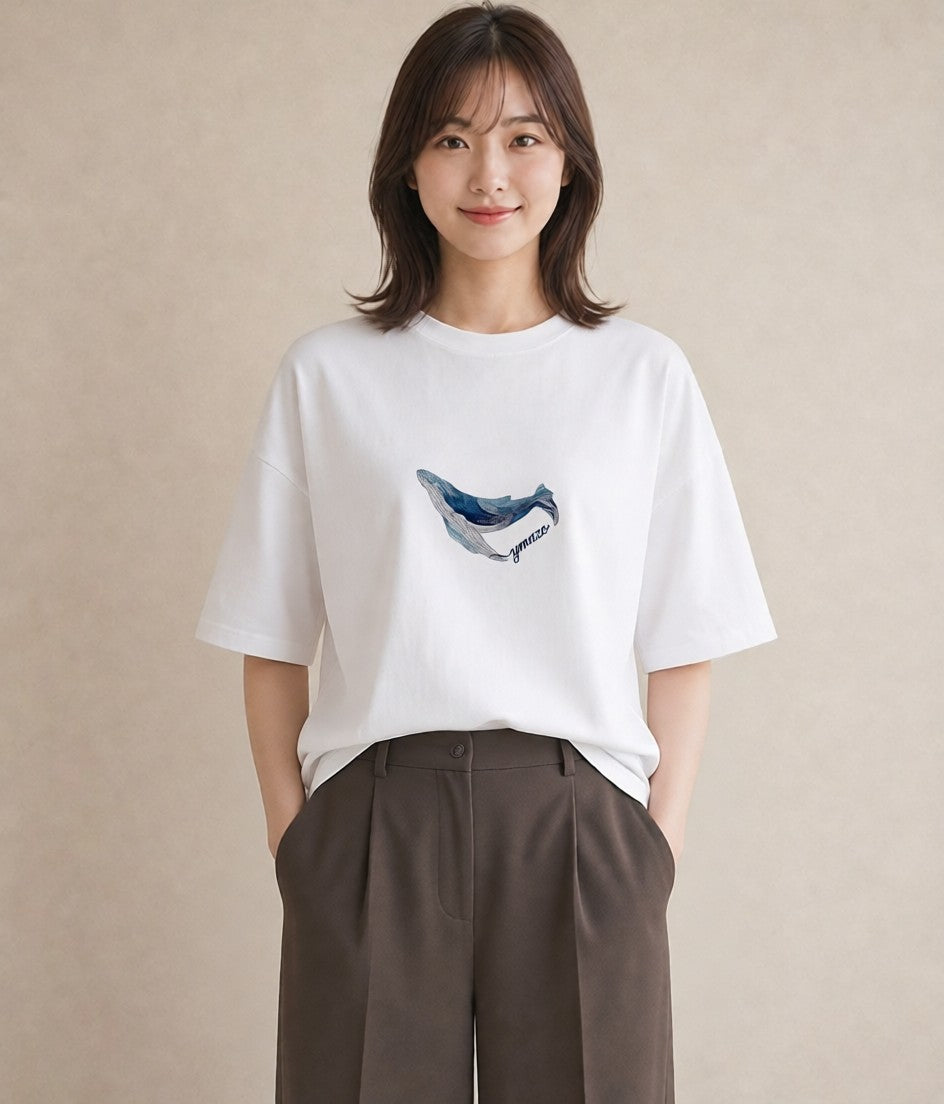 デザインTシャツ レディース クジラ 海の生き物 海 イラスト シンプル 休日 ペアコーデ 白T YMAZO
