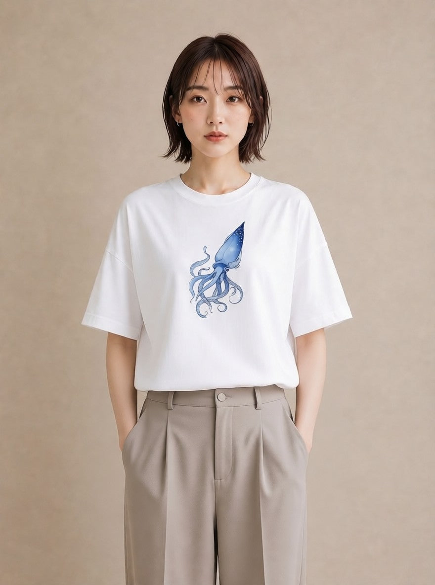 プリントTシャツ レディース タコ 海の生き物 海 イラスト モード 普段着 週末コーデ 白T YMAZO