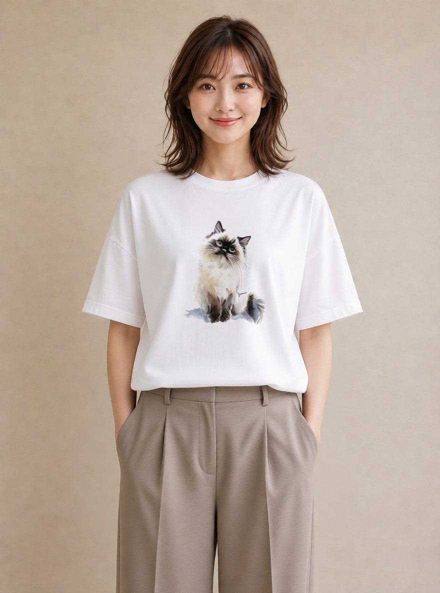 プリントTシャツ レディース スコティッシュフォールド 猫 ねこ イラスト ニュアンス クリスマス 旅行 白T YMAZO