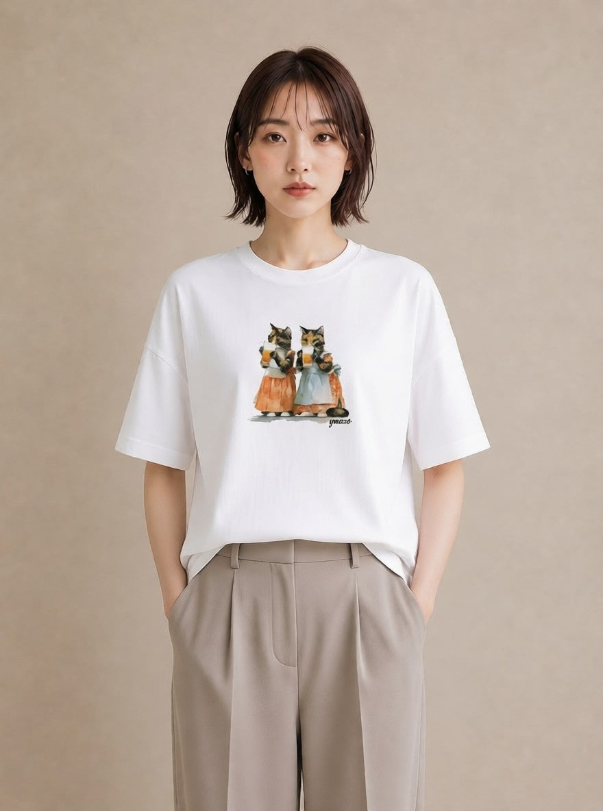 プリントTシャツ レディース サビ猫 猫 ねこ イラスト 可愛い 普段着 週末コーデ 白T YMAZO