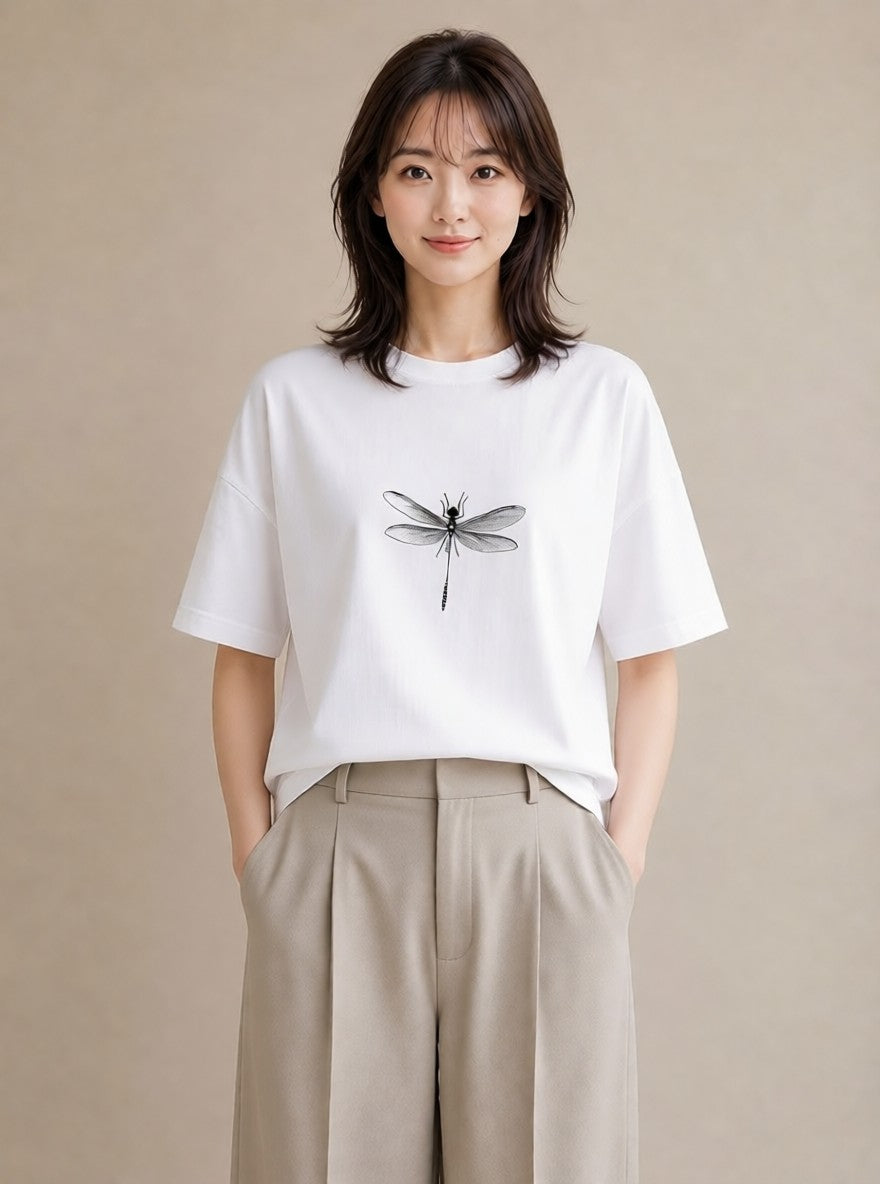 プリントTシャツ レディース とんぼ 昆虫 虫 イラスト ゆるかわ 春服 ミセス 白T YMAZO