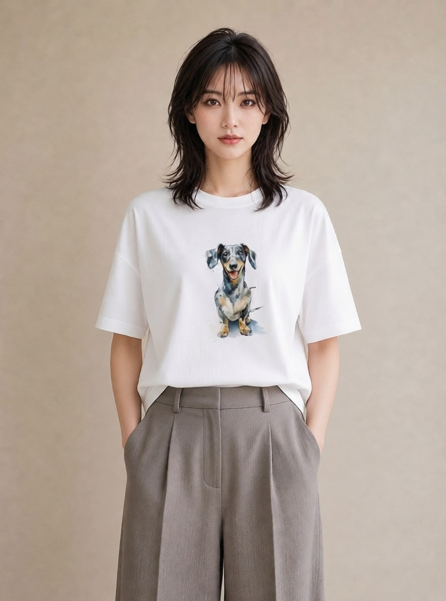 半袖Tシャツ レディース 老犬 犬 いぬ イラスト 北欧風 ママ カフェ服 白T YMAZO