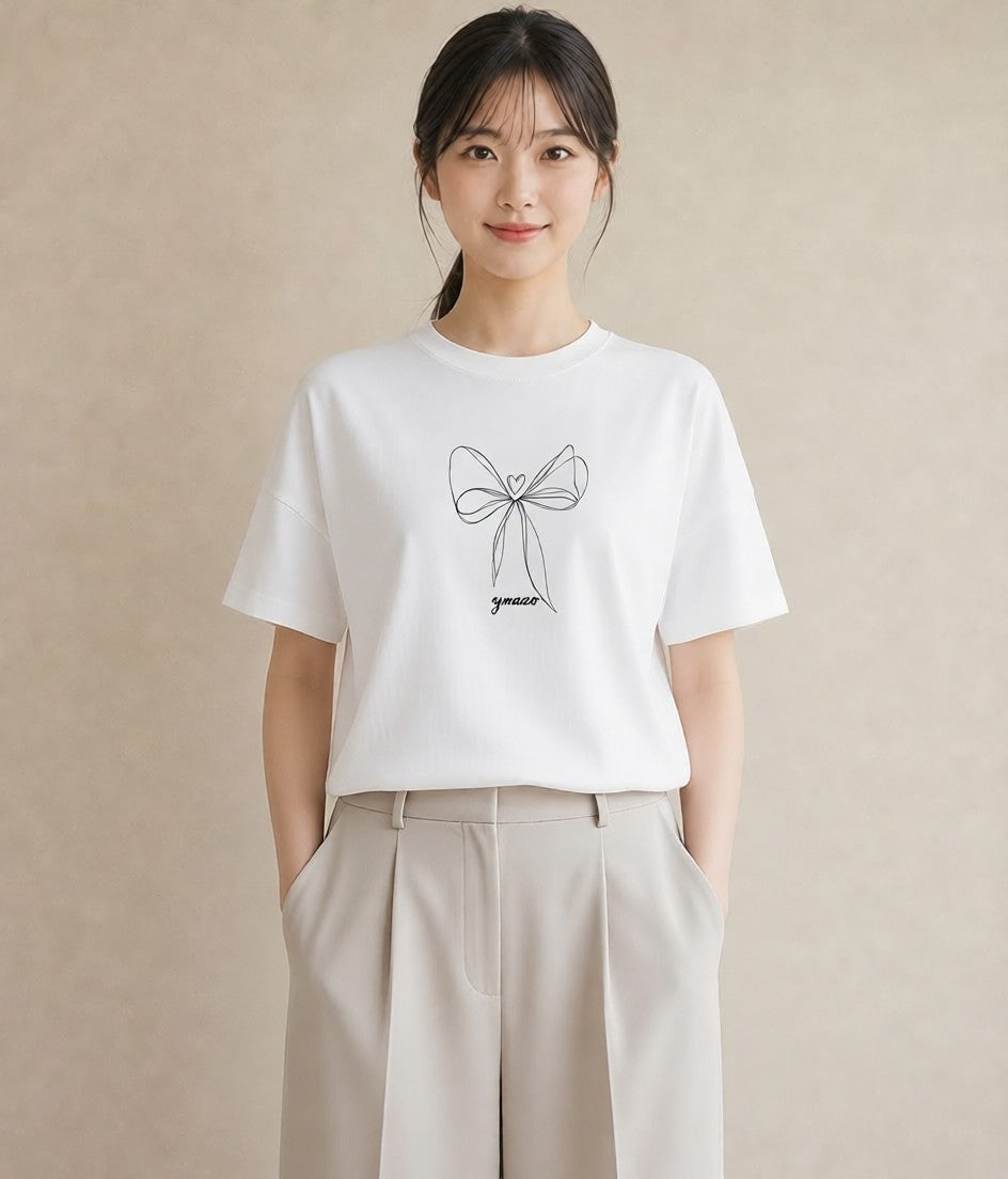 Tシャツ レディース リボン ボウ りぼん イラスト 線画 夏コーデ 通学 白T YMAZO