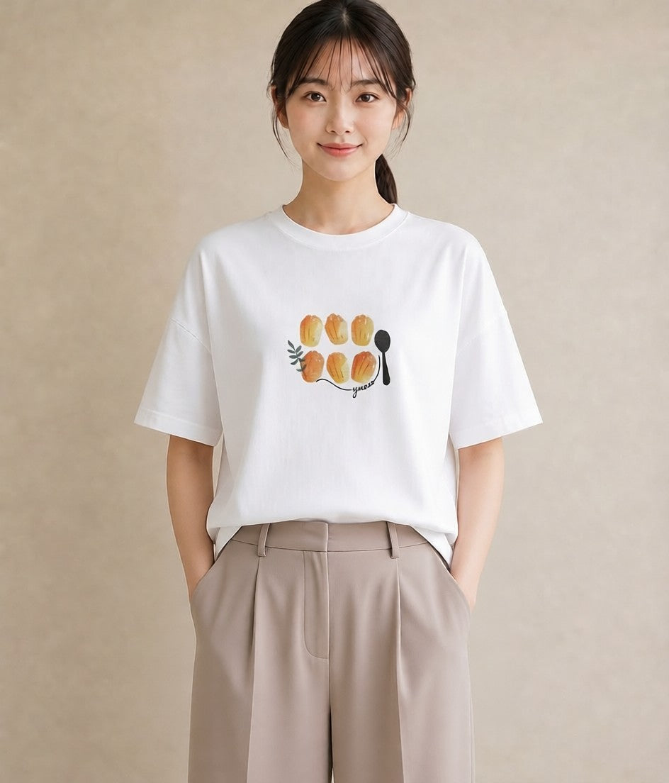 デザインTシャツ レディース クロワッサン 食べ物 フード イラスト 普段使い 普段着 週末コーデ 白T YMAZO