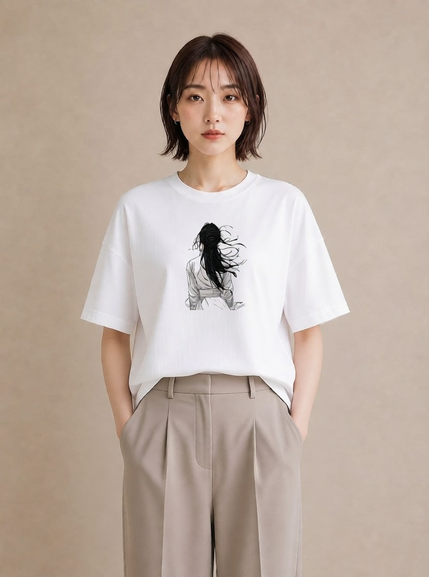 プリントTシャツ レディース 女の子 ガール 後ろ姿 イラスト カフェコーデ 姉妹 送別ギフト 白T YMAZO