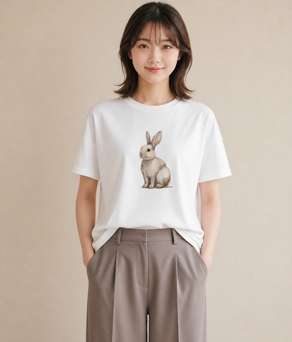 半袖Tシャツ レディース ネザーランドドワーフ ペット 動物 イラスト 手描き風 社会人 女性 白T YMAZO