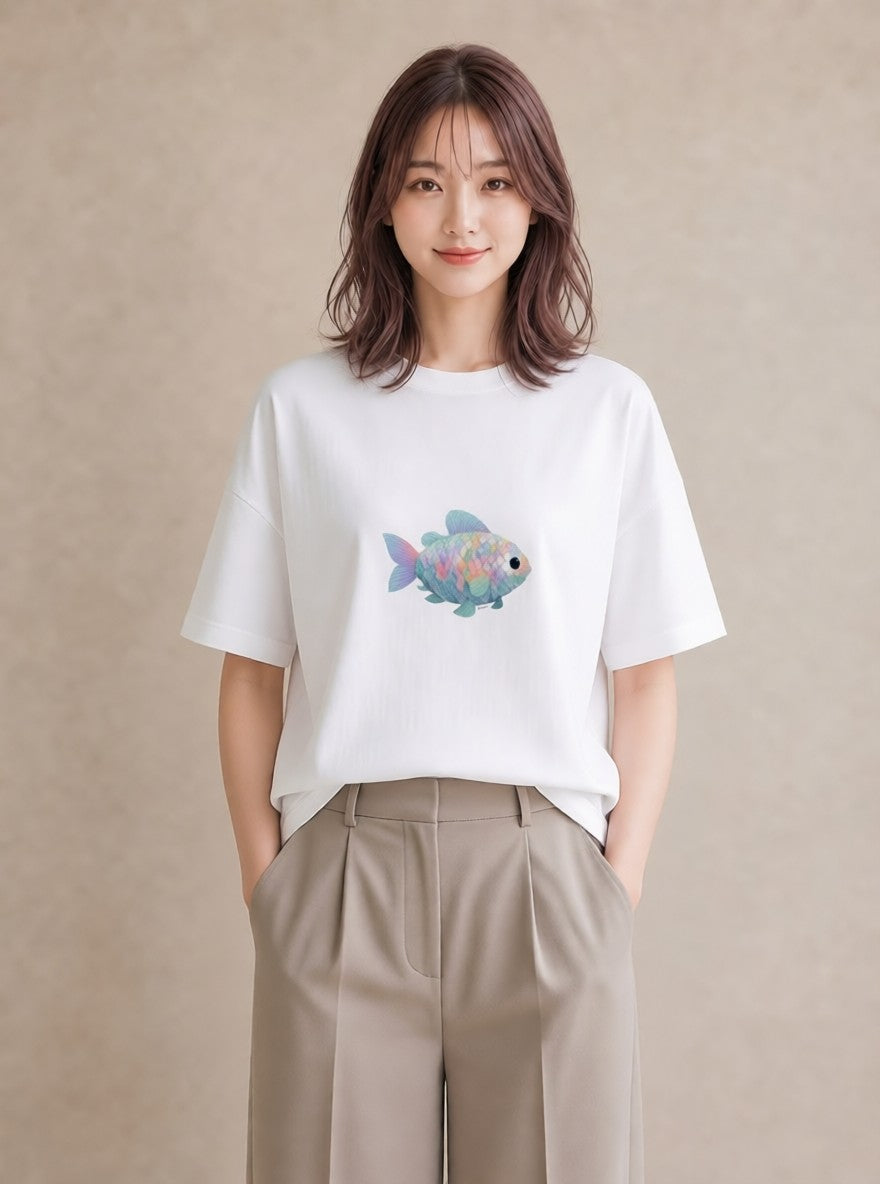 半袖Tシャツ レディース 出目金 ペット 動物 イラスト ボタニカル クリスマス 旅行 白T YMAZO
