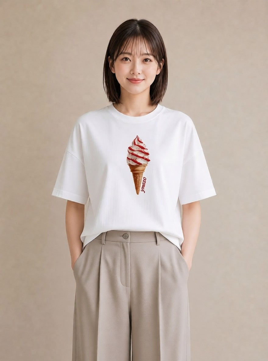 半袖Tシャツ レディース ソフトクリーム 食べ物 フード イラスト 上品 春コーデ 姉妹 白T YMAZO