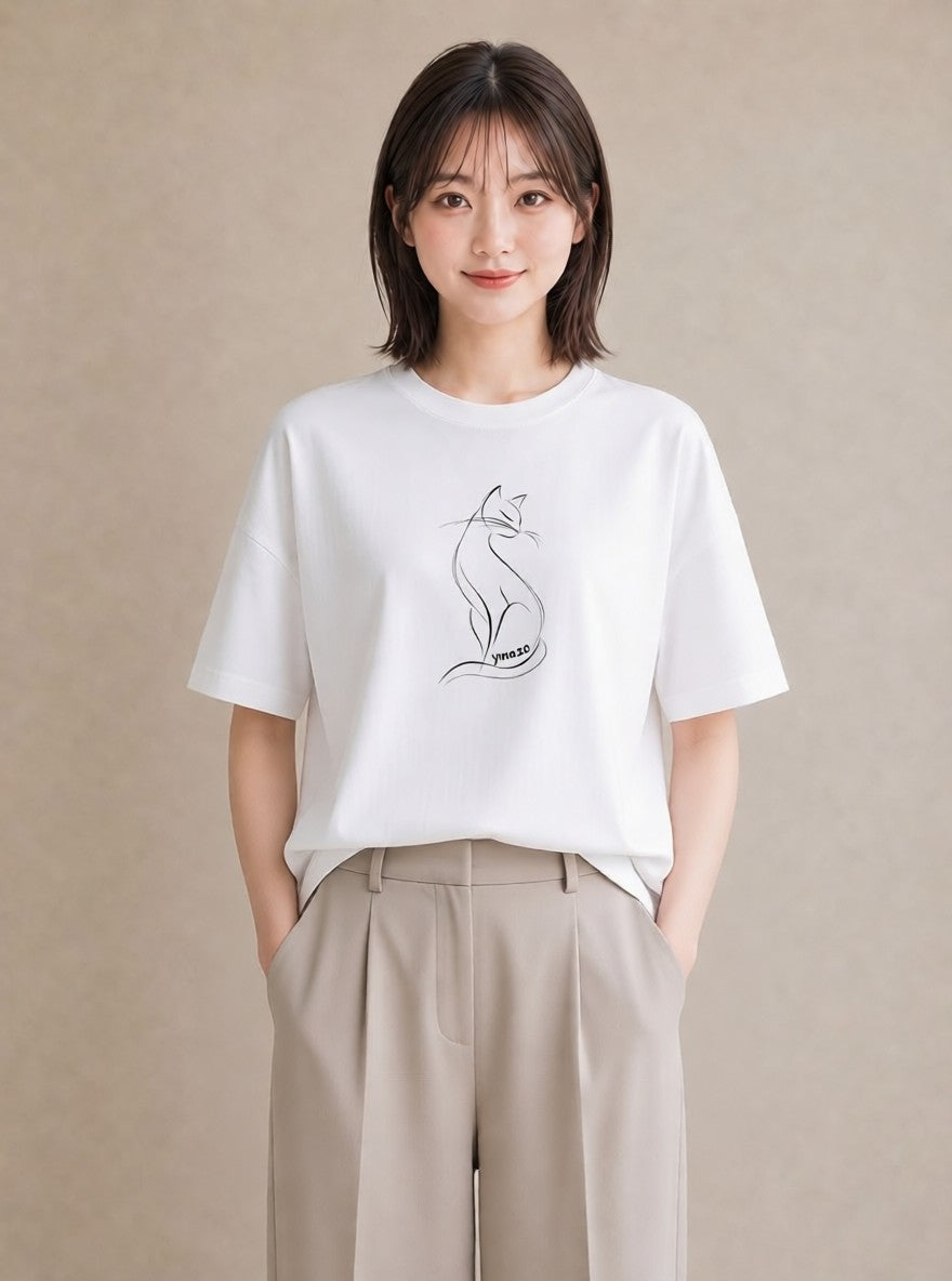 デザインTシャツ レディース 猫 ねこ ネコ イラスト 韓国風 夏コーデ 通学 白T YMAZO