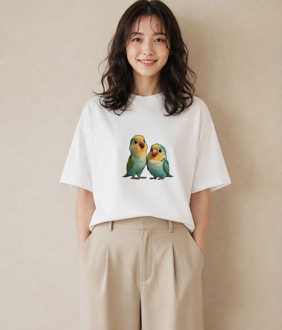 半袖Tシャツ レディース コザクラインコ ペット 動物 イラスト ラフ デイリーウェア 休日 白T YMAZO