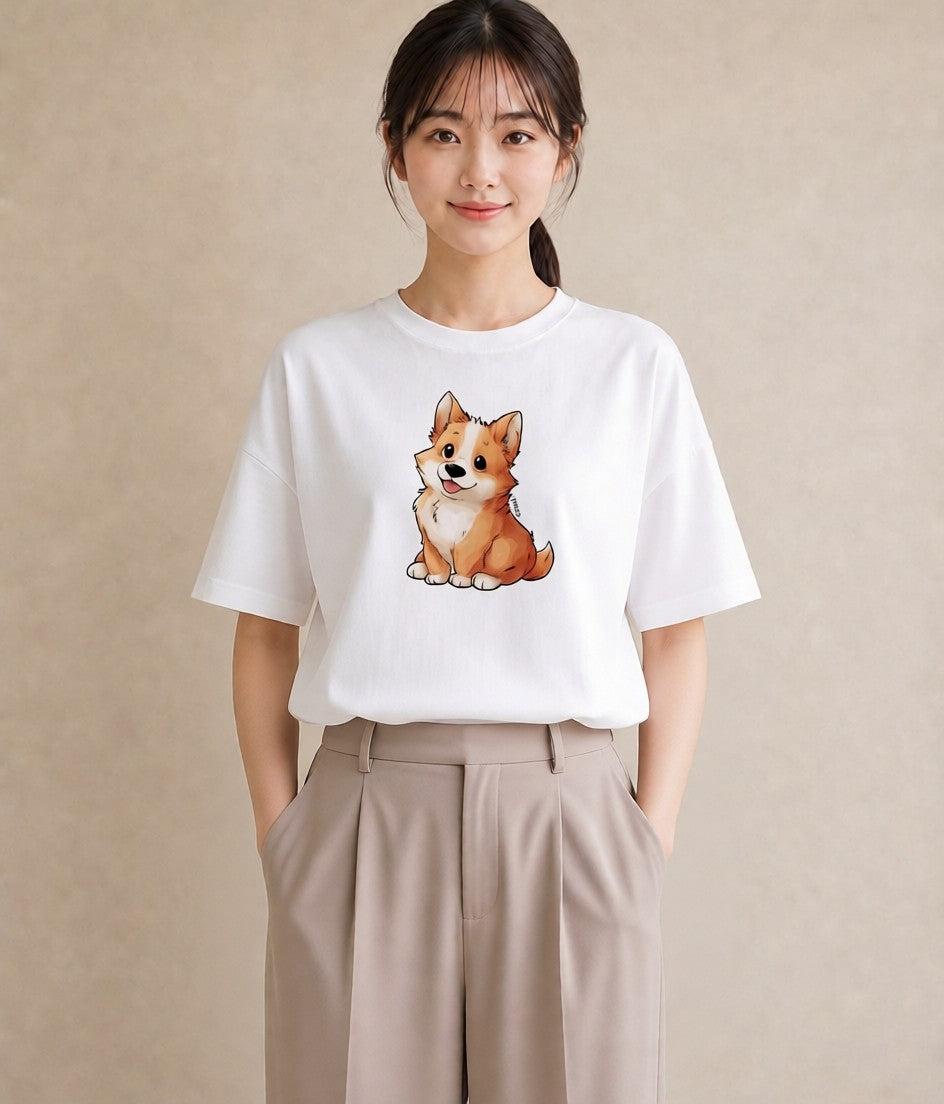 デザインTシャツ レディース ウェルシュコーギー コーギー 犬 いぬ イラスト レトロ 普段着 週末コーデ 白T YMAZO