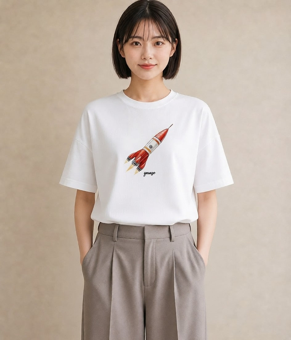 デザインTシャツ レディース ロケット 星空 宇宙 イラスト アート風 女子会 お揃い 白T YMAZO