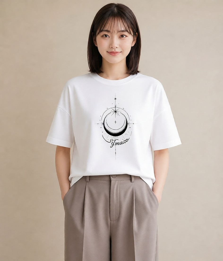 半袖Tシャツ レディース 月と星 星空 ムーン イラスト お洒落 買い物 夏コーデ 白T YMAZO