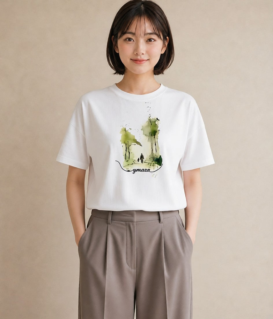 グラフィックTシャツ レディース 雨上がりの小道 雨上がり 小道 ナチュラル アンティーク イラスト フェミニン 綿100 デート 白T YMAZO