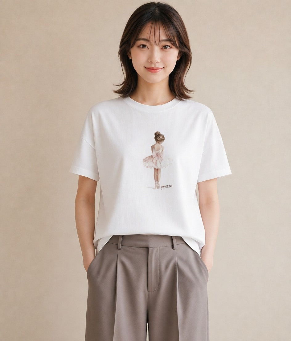 デザインTシャツ レディース バレエシューズ バレエ トウシューズ ナチュラル アンティーク イラスト 休日コーデ 自分用 ルームウェア 白T YMAZO