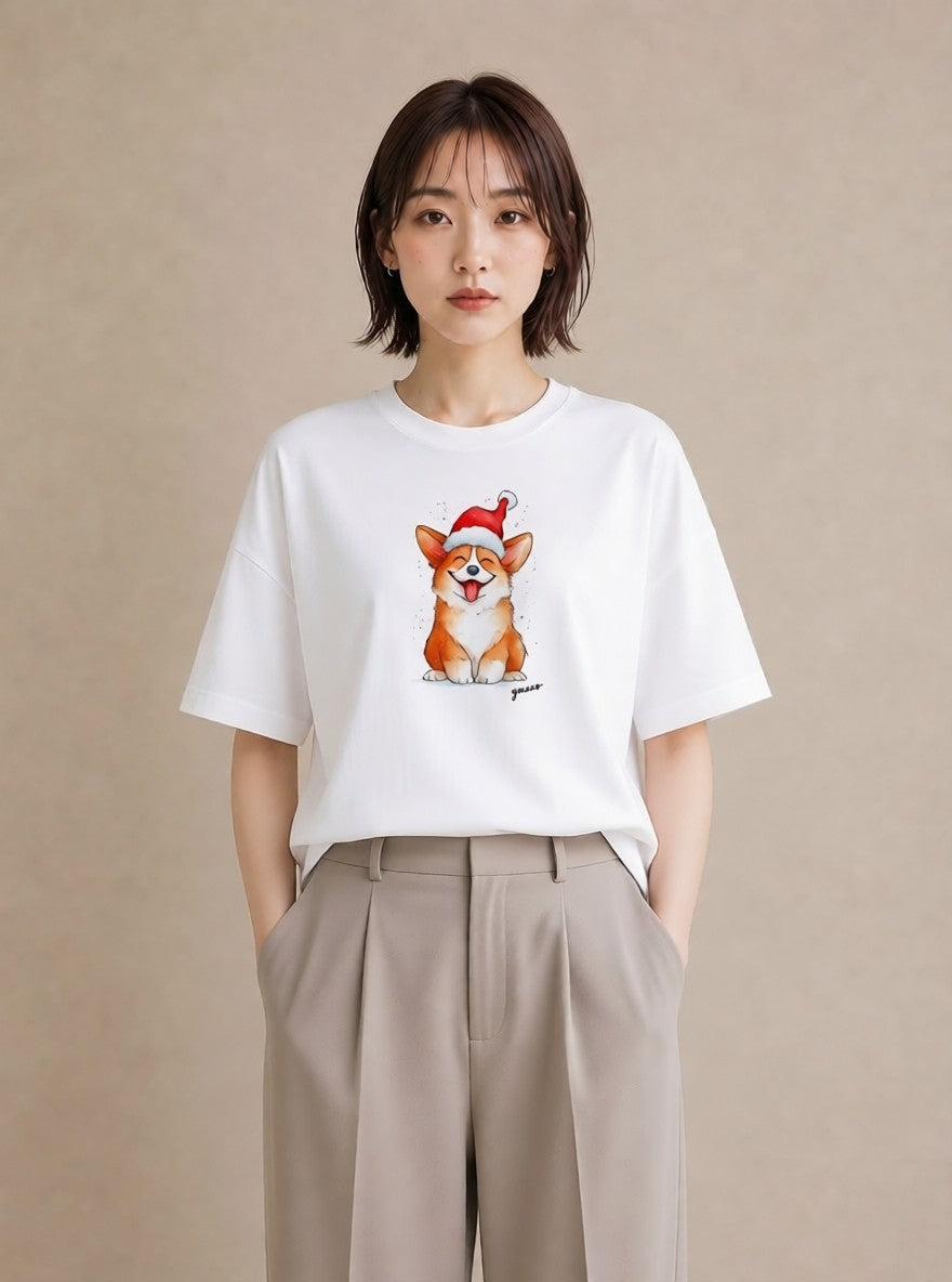 Tシャツ レディース ウェルシュコーギー コーギー 犬 いぬ イラスト 線画 デート 帰省 白T YMAZO