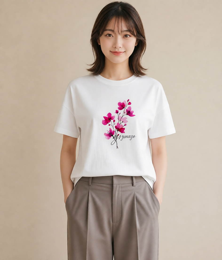 Tシャツ レディース 梅 花 花柄 イラスト きれいめカジュアル 社会人 女性 白T