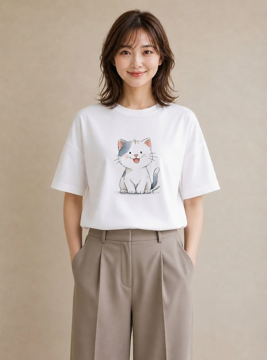 Tシャツ レディース 白猫 猫 ねこ イラスト 手描き風 海 カフェ巡り 白T YMAZO