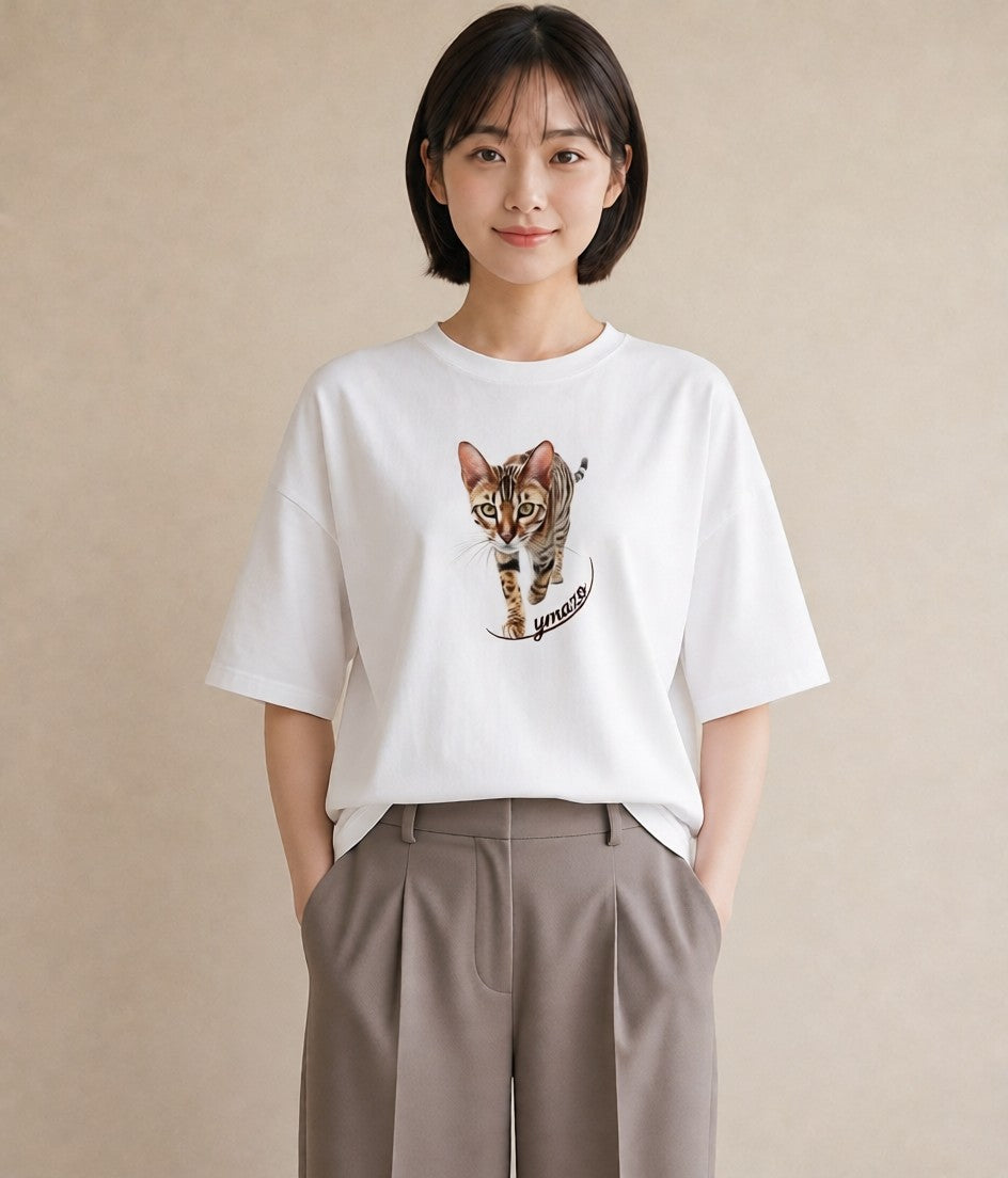 Tシャツ レディース ぶち猫 猫 ねこ イラスト ゆるかわ 女性向けギフト 散歩 白T YMAZO