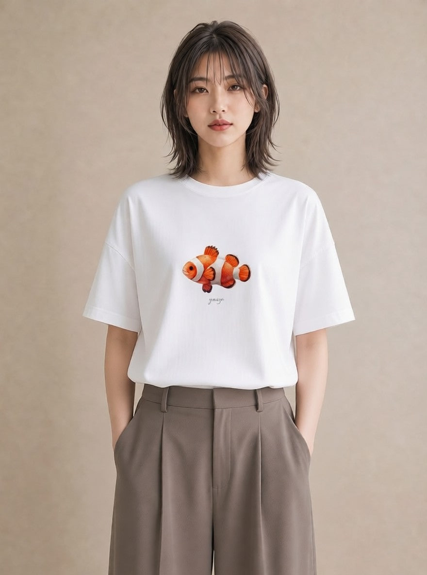半袖Tシャツ レディース らんちゅう ペット 動物 イラスト 韓国風 カジュアルコーデ 買い物 白T YMAZO