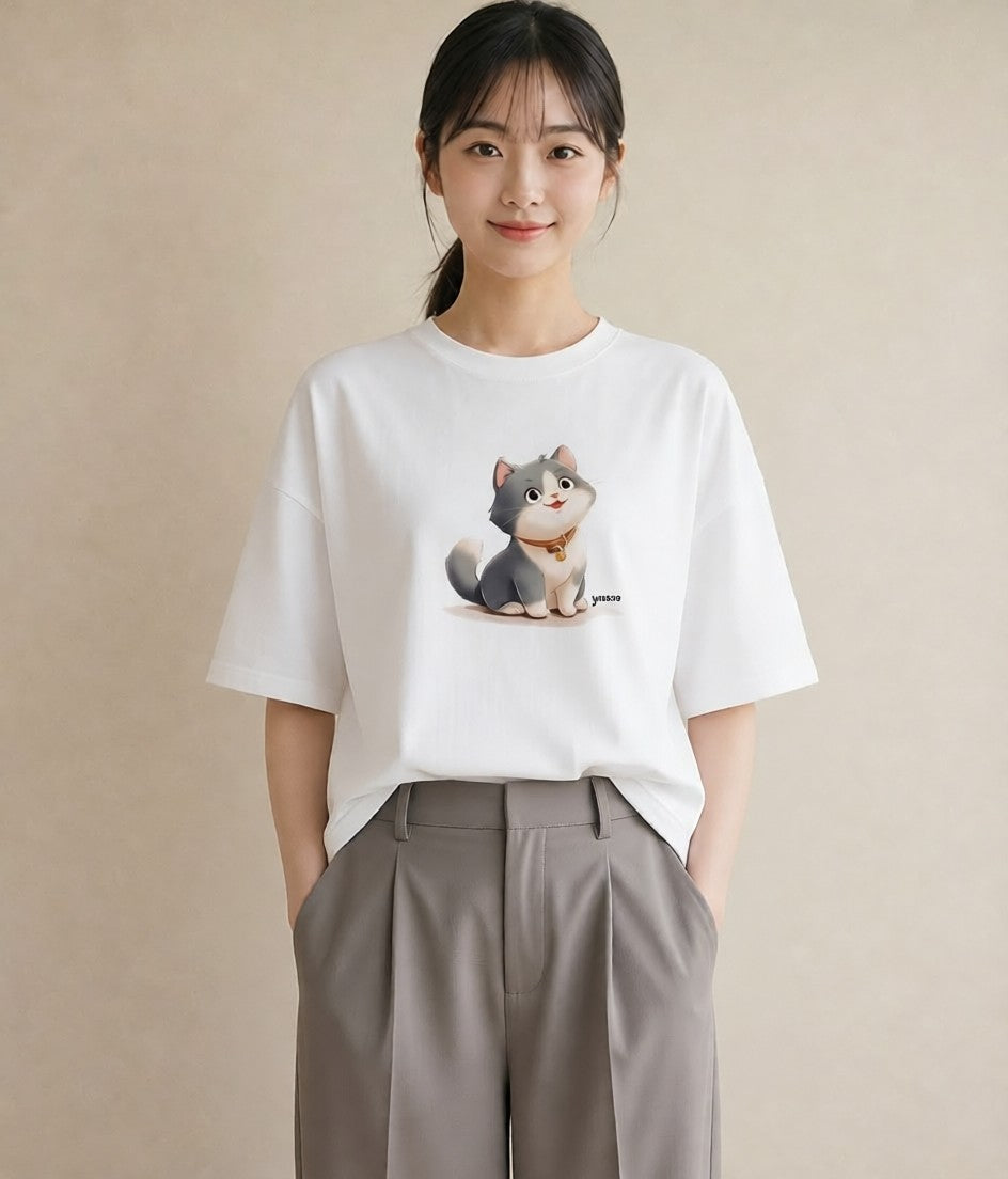 プリントTシャツ レディース ブリティッシュショートヘア 猫 ねこ イラスト レトロ クリスマス 旅行 白T YMAZO